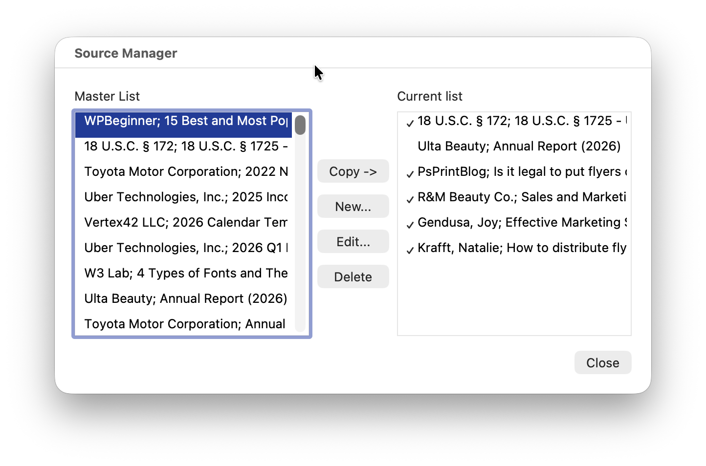 Citation Source Manager window